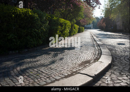 Chaussée de l'ancienne rue ensoleillée du matin dans la ville. clair, agréable et beau street avec de belles plantations vertes et arbustes. L'été ou au printemps. Banque D'Images