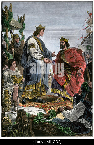 Henry I (l'oiseleur) Réunion avec Charles III (la simple). À la main, gravure sur bois Banque D'Images