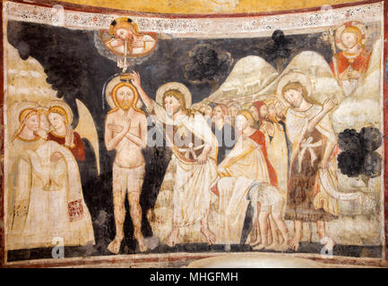 Parme, Italie - 16 avril 2018 : La fresque du baptême de Jésus dans le baptistère du 14. 100. Banque D'Images