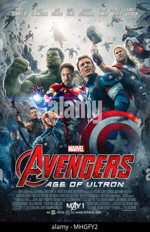 Avengers : Uncanny X-Men (2015) réalisé par Joss Whedon et mettant en vedette Robert Downey Jr., Chris Evans, Mark Ruffalo, Chris Hemsworth, et Scarlett Johansson. Un sentient global defense programme appelé Ultron décide les humains posent le plus grand de la Terre. Banque D'Images