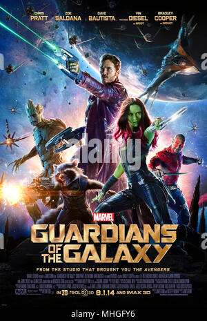 Les gardiens de la galaxie (2014) réalisé par James Gunn et avec Chris Pratt, Vin Diesel, Bradley Cooper, Zoe Saldana et Dave Bautista. Une équipe disparate de criminels sauver l'univers de style. Banque D'Images