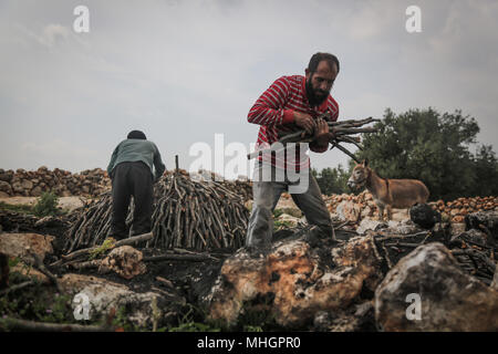 Dpatop - syriens trier bois de chêne pour la fabrication du charbon dans le gouvernorat de Kafr Kila, Idlib, Syrie, 28 avril 2018. Les gens de Kafr Kila, une ville principalement habitée par les caractère ethnoreligieux groupe des druzes, a été la pratique de l'agriculture et de la fabrication du charbon pour des dizaines d'années. Photo : afp/ALkharboutli Anas Banque D'Images