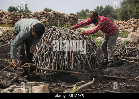 Le gouvernorat de Kafr Kila, Idlib, en Syrie. Apr 28, 2018. Syriens trier bois de chêne pour la fabrication du charbon dans le gouvernorat de Kafr Kila, Idlib, Syrie, 28 avril 2018. Les gens de Kafr Kila, une ville principalement habitée par les caractère ethnoreligieux groupe des druzes, a été la pratique de l'agriculture et de la fabrication du charbon pour des dizaines d'années. Credit : Anas ALkharboutli/dpa/Alamy Live News Banque D'Images