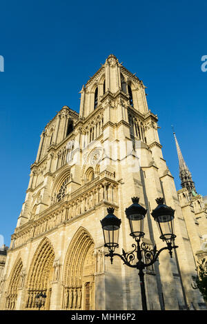 La façade et les clochers de la cathédrale Notre-Dame de Paris, montrant les trois portails et fenêtre avec un rose vintage street light à l'avant-plan. Banque D'Images