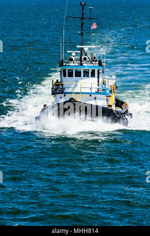 Tug boat hors de l'Autorité portuaire de la baie de Tampa équitation les vagues dans la baie. Banque D'Images