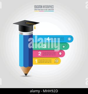 L'étape 4 de l'éducation modèle infographies option. Graduation cap et crayon avec vecteur de conception infographique chronologie et la commercialisation des icônes pour la présentation, Illustration de Vecteur