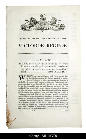 Loi originale de document du Parlement européen de 1854 (la reine Victoria) "Pour modifier le mode de fourniture de certaines dépenses imputées sur certaines branches maintenant Banque D'Images