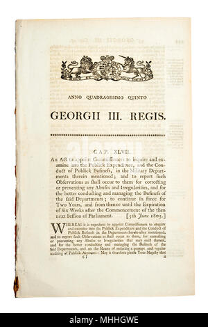 Document original de l'Acte du Parlement de 1805 (George III) "nommer des commissaires pour enquêter et examiner les dépenses de Publick" dans le... Banque D'Images