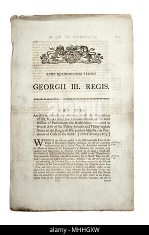 Loi du Parlement d'origine à partir de 1803 document (George III) Modification Banque D'Images