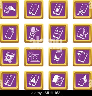 Téléphones portables réparation fix icons set carré violet vector Illustration de Vecteur