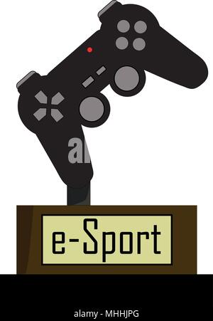 Trophée de joueur de l'e-sport compétition avec la première place. Prix avec les jeux vidéo de la console de commande en haut, concept de jeu gagnante du concours. Illustration de Vecteur