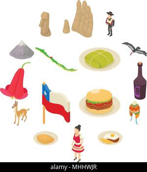 Chili travel icons set, style isométrique Illustration de Vecteur