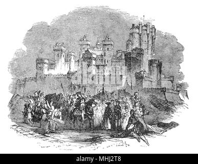 Pontefract Castle a été construit vers 1070 dans la région de West Yorkshire, Angleterre. Dans les dernières années du 14e siècle, Richard II avait banni le fils de Jean de Gand Henry Bolingbroke, du pays. Lorsque Jean de Gand est mort en 1399, une grande partie de son patrimoine de Bolingbroke était donné par Richard II. Château de Pontefract était menacé et Bolingbroke est retourné en Angleterre pour revendiquer la propriété de son père. Il a fait tout droit pour le château et le roi, étant dans l'Irlande n'était pas en mesure de s'opposer à Bolingbroke Richard et déchu qui prit la couronne pour lui-même comme Henry IV. Banque D'Images