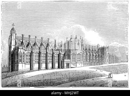 L'extérieur de la chapelle Saint George dans le château de Windsor, résidence royale à Windsor dans le comté anglais du Berkshire. Il est remarquable pour sa longue association avec les Anglais et plus tard la famille royale et pour son architecture. Le château d'origine a été construit au 11ème siècle après l'invasion normande de l'Angleterre par Guillaume le Conquérant. Depuis l'époque d'Henry I, il a été utilisé par le monarque régnant et est le plus ancien palais occupés en Europe. Banque D'Images