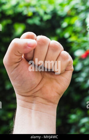 La main avec serra le poing , contre les feuilles vertes - Fist, puissance, oui , geste Banque D'Images