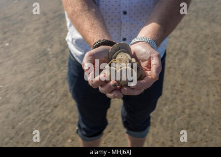 Man on beach portant des jeans et des dollars de sable tenant en main tendue Banque D'Images