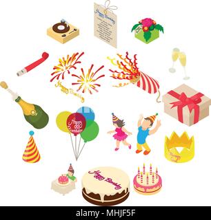 Anniversaire icons set, style isométrique Illustration de Vecteur