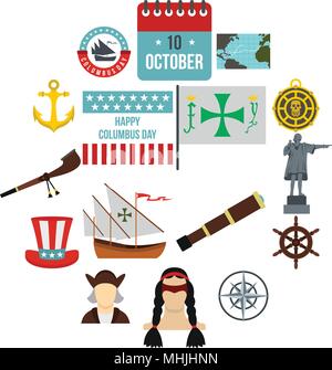 Columbus Day icons set, style plat Illustration de Vecteur