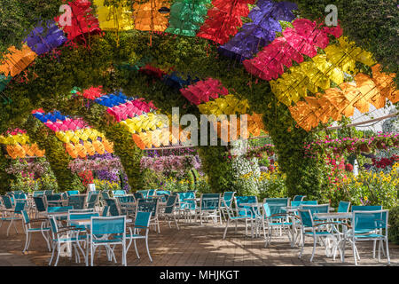 Un parasol et à l'abri de pique-nique floral Jardins Miracle à Dubaï (Émirats arabes unis, au Moyen-Orient. Banque D'Images