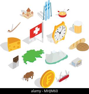 La Suisse icons set, style 3D isométrique Illustration de Vecteur