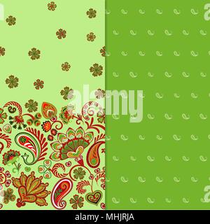 Jeu de motifs indiens, des ornements floraux. La texture à la main pour les vêtements, les draps, le tissu de la robe etc. vert rouge Illustration de Vecteur