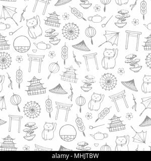 Hand drawn vector seamless pattern avec parasols asiatiques, japonais lucky cats, monnaies, lanternes, bonsai et torii gates contours dans un style peu précis sur la th Illustration de Vecteur