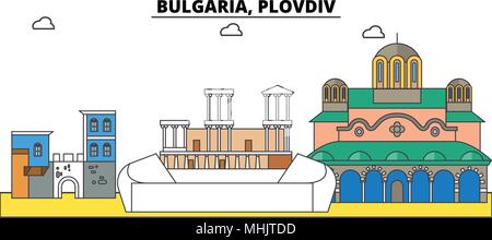 La Bulgarie, Plovdiv. Sur les toits de la ville, l'architecture, bâtiments, rues, silhouette, paysage, panorama, monuments. Coups modifiable. Télévision design line concept d'illustration vectorielle. Icônes isolé Illustration de Vecteur