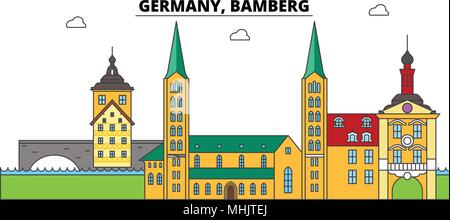 Allemagne, Bamberg. Sur les toits de la ville, l'architecture, bâtiments, rues, silhouette, paysage, panorama, monuments. Coups modifiable. Télévision design line concept d'illustration vectorielle. Icônes isolé Illustration de Vecteur