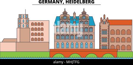 Allemagne, Heidelberg. Sur les toits de la ville, l'architecture, bâtiments, rues, silhouette, paysage, panorama, monuments. Coups modifiable. Télévision design line concept d'illustration vectorielle. Icônes isolé Illustration de Vecteur