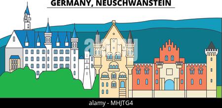 Allemagne, Neuschwanstein. Sur les toits de la ville, l'architecture, bâtiments, rues, silhouette, paysage, panorama, monuments. Coups modifiable. Télévision design line concept d'illustration vectorielle. Icônes isolé Illustration de Vecteur