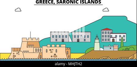 Grèce, Iles Saroniques. Sur les toits de la ville, l'architecture, bâtiments, rues, silhouette, paysage, panorama, monuments. Coups modifiable. Télévision design line concept d'illustration vectorielle. Icônes isolé Illustration de Vecteur