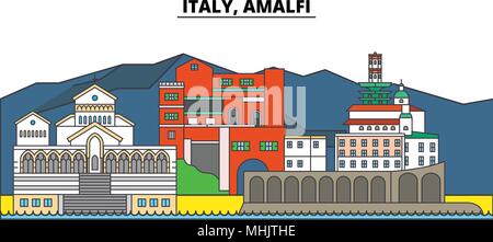 L'Italie, Amalfi. Sur les toits de la ville, l'architecture, bâtiments, rues, silhouette, paysage, panorama, monuments. Coups modifiable. Télévision design line concept d'illustration vectorielle. Icônes isolé Illustration de Vecteur