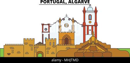 Le Portugal, l'Algarve. Sur les toits de la ville, l'architecture, bâtiments, rues, silhouette, paysage, panorama, monuments. Coups modifiable. Télévision design line concept d'illustration vectorielle. Icônes isolé Illustration de Vecteur