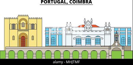 Le Portugal, Coimbra. Sur les toits de la ville, l'architecture, bâtiments, rues, silhouette, paysage, panorama, monuments. Coups modifiable. Télévision design line concept d'illustration vectorielle. Icônes isolé Illustration de Vecteur