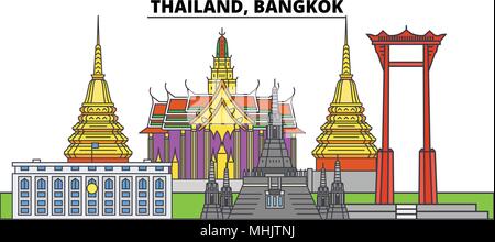 Thaïlande, Bangkok. Sur les toits de la ville, l'architecture, bâtiments, rues, silhouette, paysage, panorama, monuments. Coups modifiable. Télévision design line concept d'illustration vectorielle. Icônes isolé Illustration de Vecteur