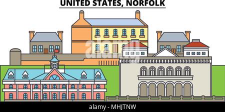 United States, Norfolk. Sur les toits de la ville, l'architecture, bâtiments, rues, silhouette, paysage, panorama, monuments. Coups modifiable. Télévision design line concept d'illustration vectorielle. Icônes isolé Illustration de Vecteur