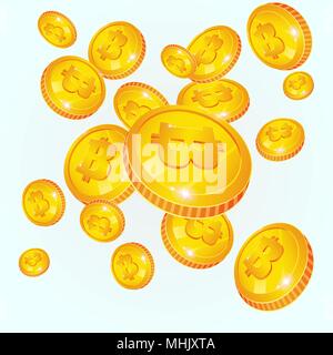 Chutes de Bitcoin. Pièces d'or avec symbole bitcoin isolé sur fond blanc. La monnaie numérique ou Cryptocurrency pour les paiements électroniques. Et Bitcoin Illustration de Vecteur