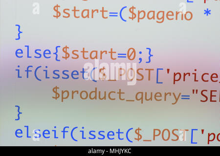 Du vrai code Php développement d'écran. Flux de travail programmation algorithme abstrait concept. Lignes de code php visible. Banque D'Images