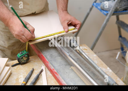 Lors de la pose du parquet, vous avez besoin d'une grande précision et beaucoup d'expérience pour que l'effet final éblouit tout le monde qui utilisera la salle de bains. Banque D'Images