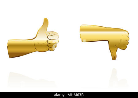 Golden Thumbs up pour l'accord, et golden Thumbs down pour désaccord - illustration sur fond blanc. Banque D'Images