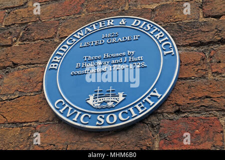 Bridgwater & District Civic Society Blue Plaque trois maisons par Holloway et Hutt, North Somerset, England, UK Banque D'Images