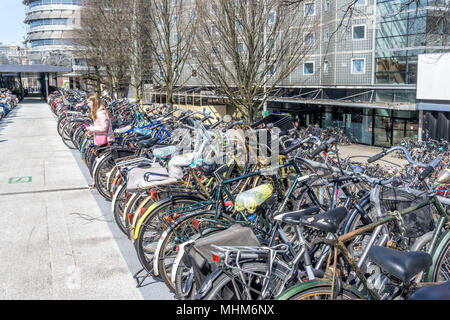 Des centaines de vélos garés dans les parcs de vélos, stationsplein, Amsterdam, Pays-Bas, Europe. Banque D'Images