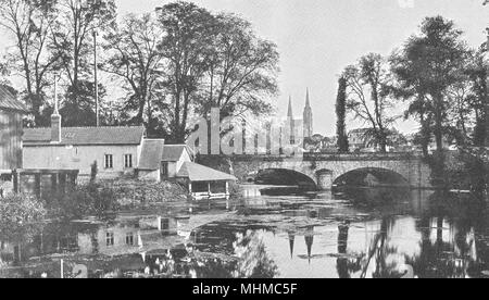 EURE- et- loir. Chartres. L'Eure, Le Pont- Neuf, La Cathédrale 1900 old print Banque D'Images