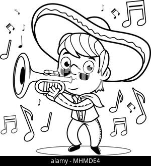 Mariachi mexicain homme jouant de la trompette. Livre de coloriage noir et blanc la page Illustration de Vecteur