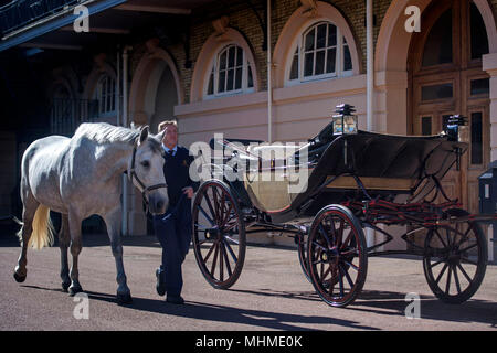 Philippe Barnard-Brown, Senior au Coachman Buckingham Palace Mews, dirige une Windsor Grey, l'un des quatre chevaux qui va tirer le chariot au mariage du prince Harry et Meghan Markle, passé le landau d'Ascot, chariot au Royal Mews à Buckingham Palace, Londres. Banque D'Images