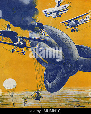 WWI - ballon d'observation militaire abattu par avion allemand Banque D'Images