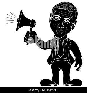 Homme tenant un mégaphone et d'appeler à travers elle, concept publicitaire cartoon vector illustration pochoir Illustration de Vecteur