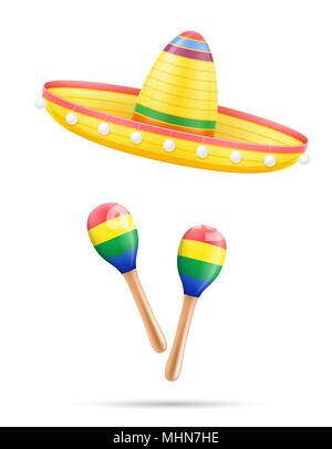 Sombrero mexicain national couvre-chef et les maracas vector illustration isolé sur fond blanc Illustration de Vecteur