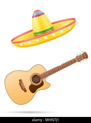 Sombrero mexicain national couvre-chef et guitare vector illustration isolé sur fond blanc Illustration de Vecteur