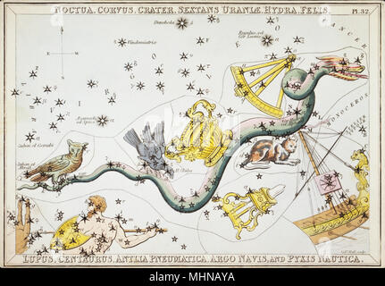 Noctua, Corvus, cratère, Sextans Uraniae, Hydra, Felis, lupus, Centaurus, Antlia Pneumatica, Argo Navis, et Pyxis Nautica. Numéro de carte à partir de 32 Hotel Kashyap, miroir ou d'une vue sur le ciel, l'un d'un jeu de 32 cartes carte des étoiles astronomique gravée par Sidney Hall et publshed 1824. Banque D'Images